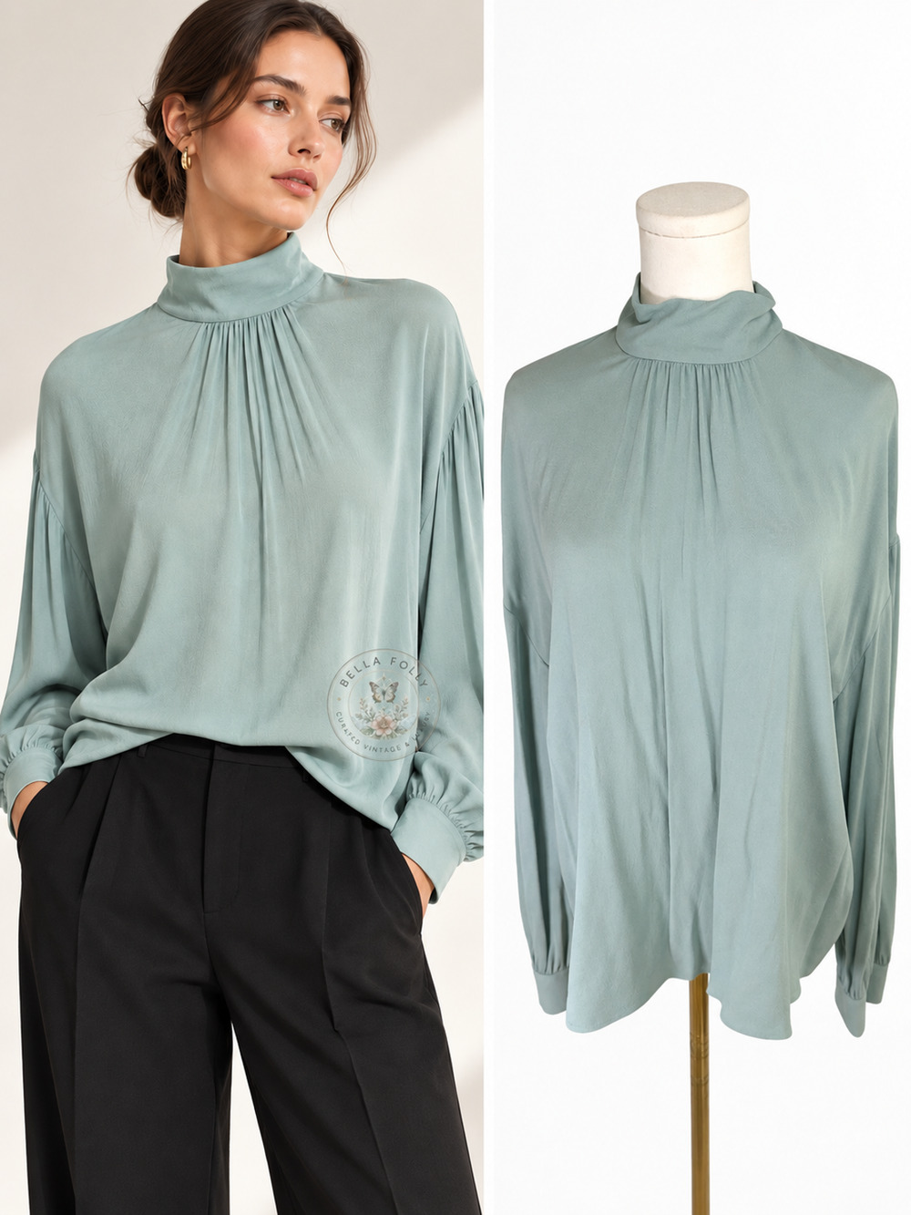 Vince Shirred Silk Mock Neck Blouse Lt Patina Sage Green Large Twee Office Siren